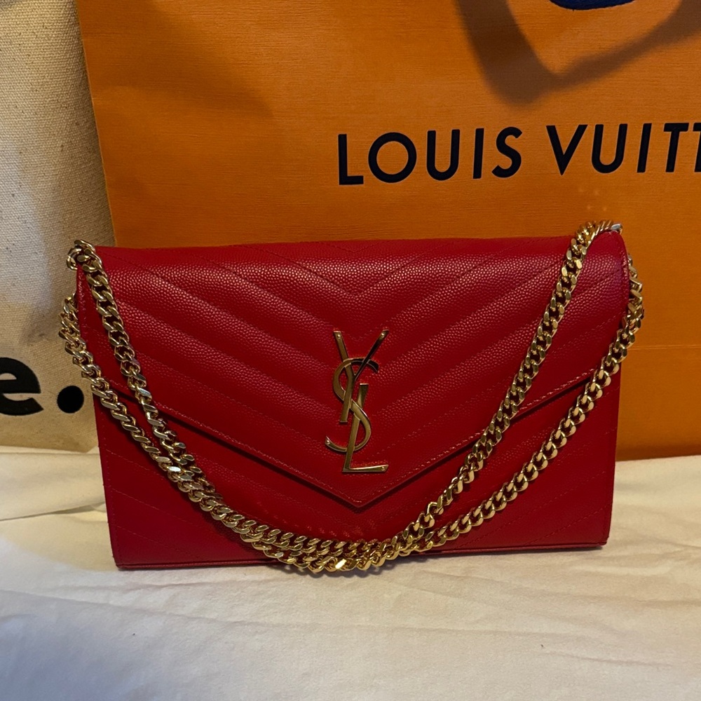 Saint Laurent Red Chevron Quilted Envelope Chain Wallet with Gold Hardware